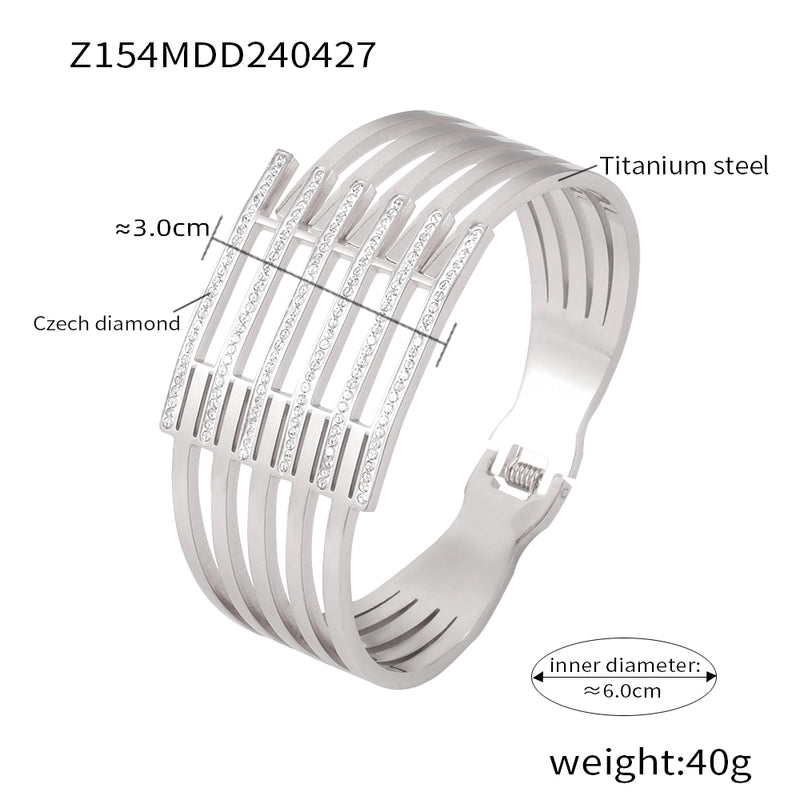 Casual Minimalist Hexagon Round Titanium Steel 18K Gold Plated Rhinestones Bangle In Bulk