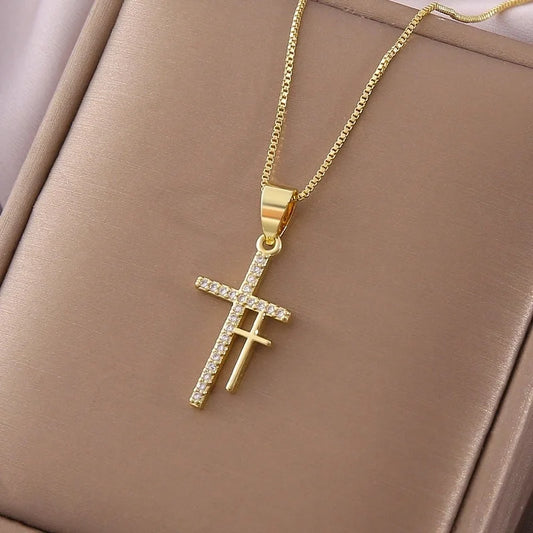 Double Cross Pendant Fashion New Copper Plated White Zircon Religious Necklace