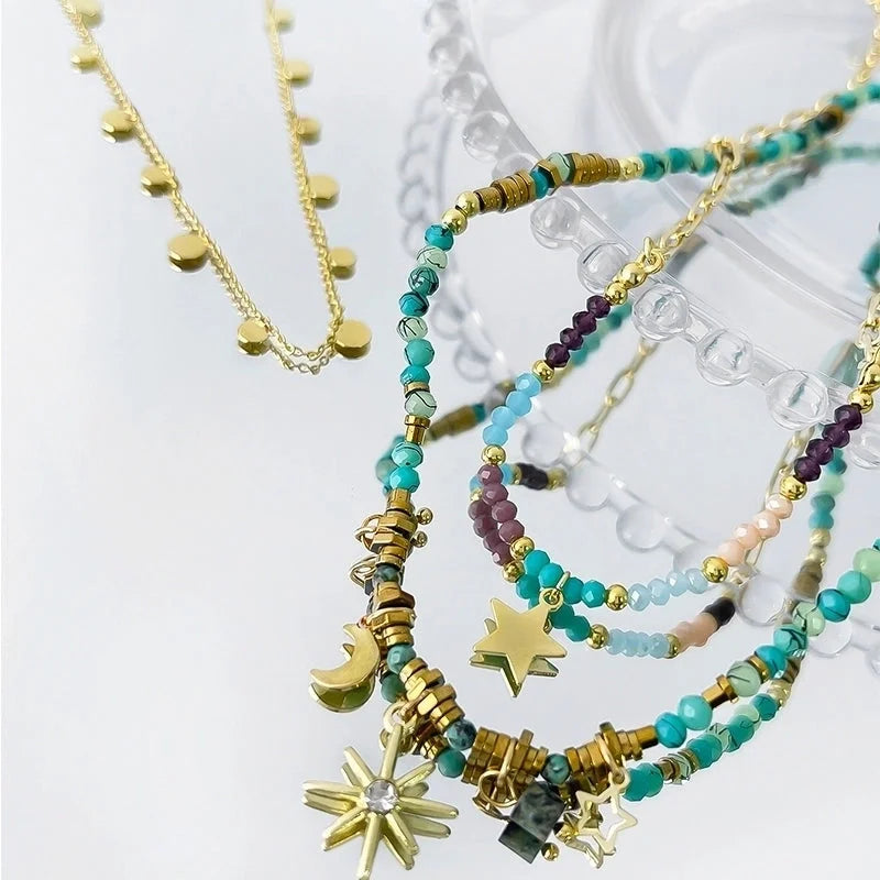 Beach Minimalist Geometric Star Moon 18K Gold Plated Arylic Copper Pendant Necklace
