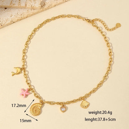 Sweet Star Heart Shape Shell 304 Stainless Steel Imitation Pearl 18K Gold Plated Enamel Plating Inlay Pendant Necklace Multi Charms Necklace