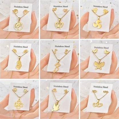 Fashion Heart Shape Butterfly Bird Titanium Steel Plating Women's Earrings Necklace