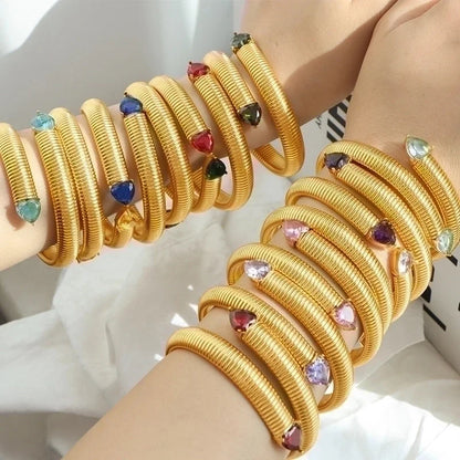 Retro Punk Heart Shape Titanium Steel 18K Gold Plated Zircon Bangle In Bulk