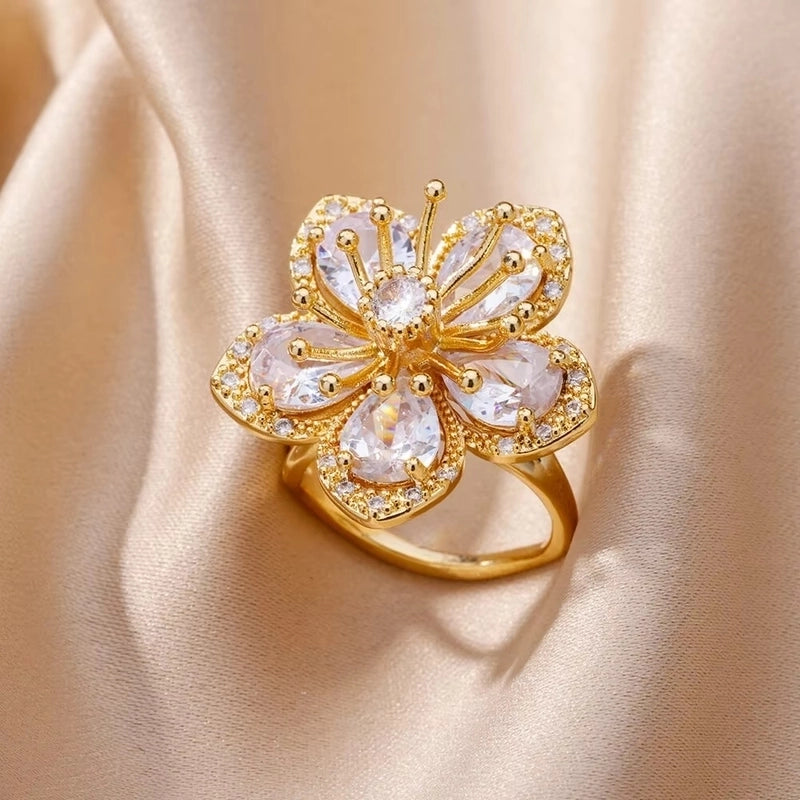 Copper 18K Gold Plated Flower Zirconia Open Rings Rings