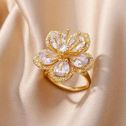 Copper 18K Gold Plated Flower Zirconia Open Rings Rings