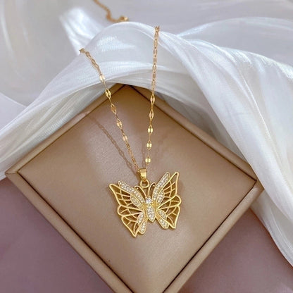 Minimalist Butterfly Titanium Steel Copper Plating Inlay Zircon Pendant Necklace