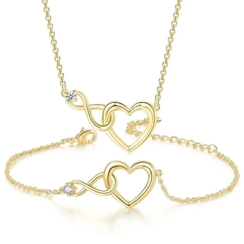 Sweet Minimalist Infinity Heart Shape Copper Inlay Zircon Bracelets Necklace