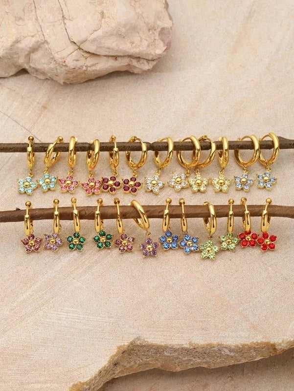 1 Pair Elegant Flower Plating Inlay 304 Stainless Steel Rhinestones 18K Gold Plated Drop Earrings