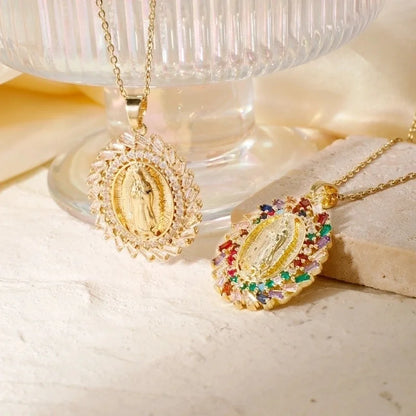 Vintage Style Classic Style Geometric Round Virgin Mary 304 Stainless Steel Copper Zircon K Gold Plated Inlay Pendant Necklace