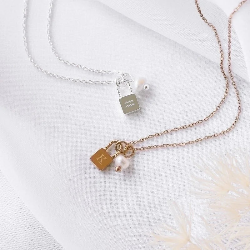 201 Stainless Steel 304 Stainless Steel Glass Gold Plated Casual Minimalist Pearl Plating Letter Lock Pendant Necklace