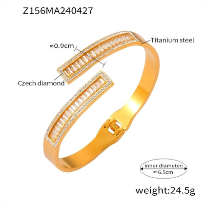 Casual Minimalist Hexagon Round Titanium Steel 18K Gold Plated Rhinestones Bangle In Bulk