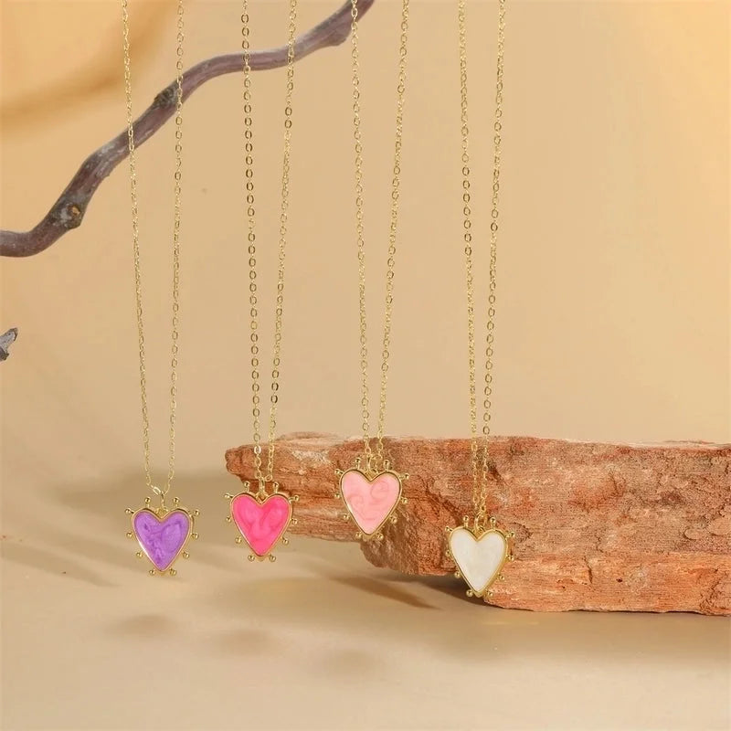 Vintage Style Minimalist Commute Heart Shape Copper Enamel 14K Gold Plated Pendant Necklace