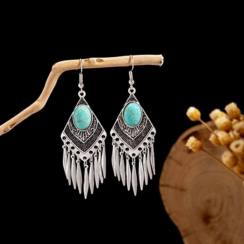 Bohemian Blue Turquoise National Style Earrings Imitation Miao Silver Metal Earrings Vintage Tassel Earrings