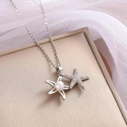 Casual Beach Starfish 304 Stainless Steel Pearl Zircon Plating Inlay Pendant Necklace