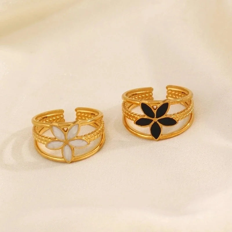 304 Stainless Steel 18K Gold Plated Minimalist Enamel Flower Open Rings