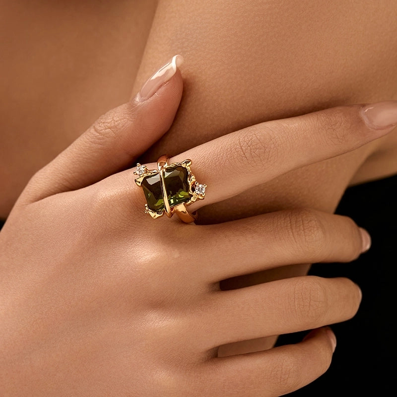 Copper 18K Gold Plated Inlay Semicircle Round Petal Zircon Open Rings