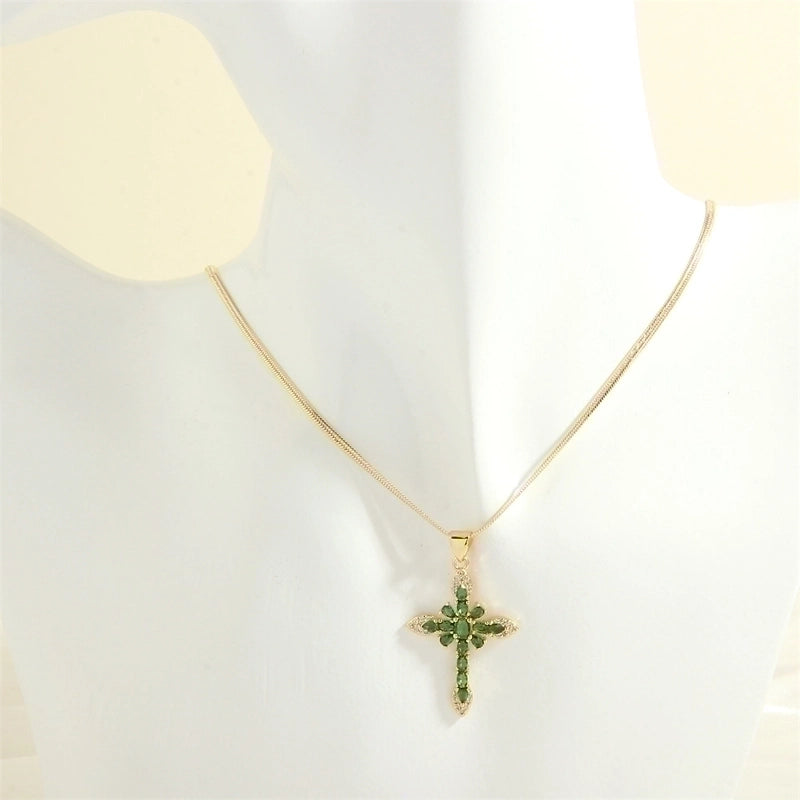 Minimalist Cross Copper 18k Gold Plated Zircon Pendant Necklace In Bulk