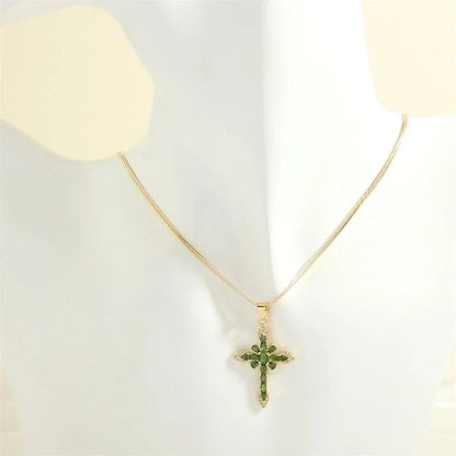 Minimalist Cross Copper 18k Gold Plated Zircon Pendant Necklace In Bulk