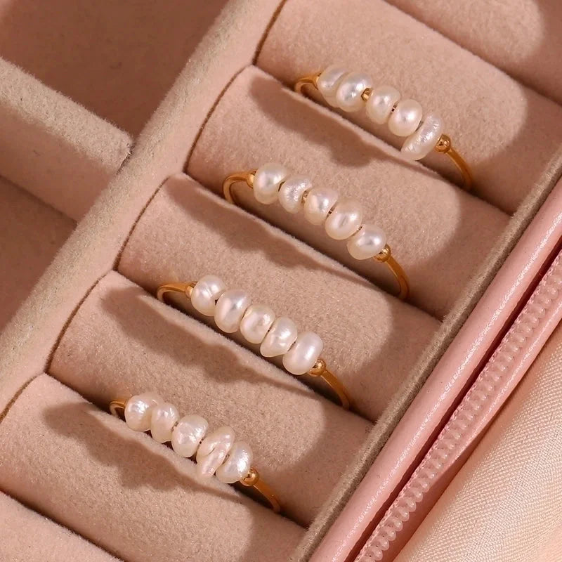 304 Stainless Steel Freshwater Pearl 18K Gold Plated Minimalist Beaded Plating Solid Color Rings