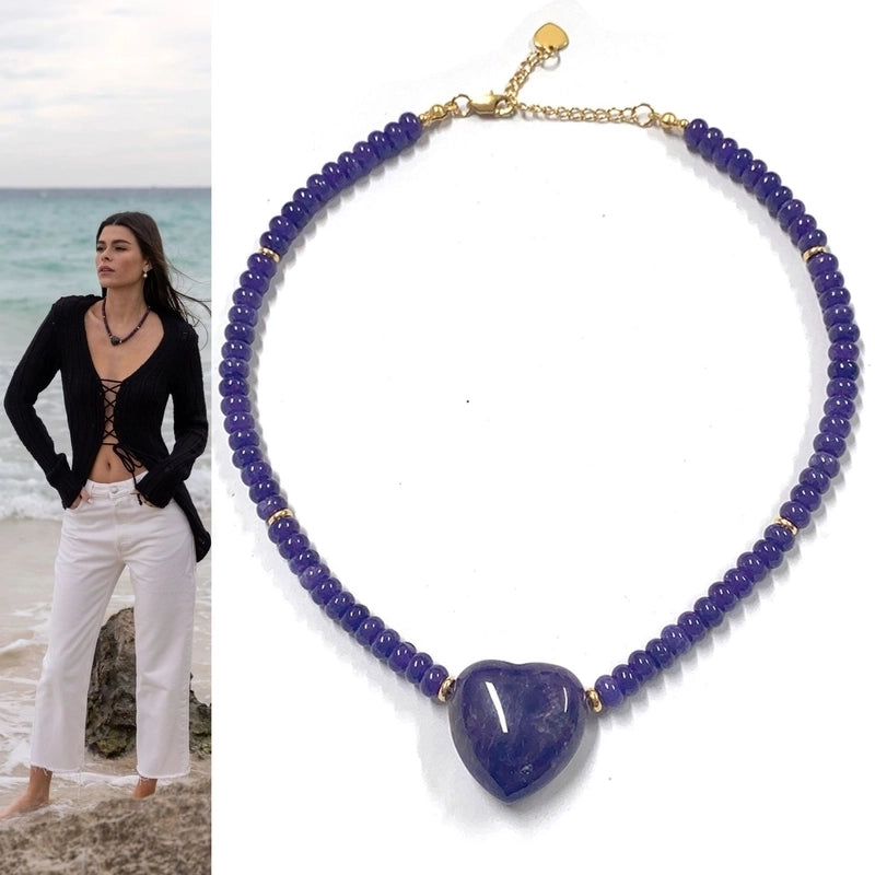 2 Pieces Minimalist Heart Shape Natural Stone Titanium Steel Pendant Necklace In Bulk