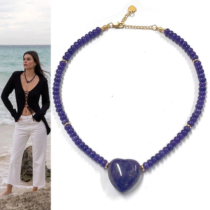 2 Pieces Minimalist Heart Shape Natural Stone Titanium Steel Pendant Necklace In Bulk