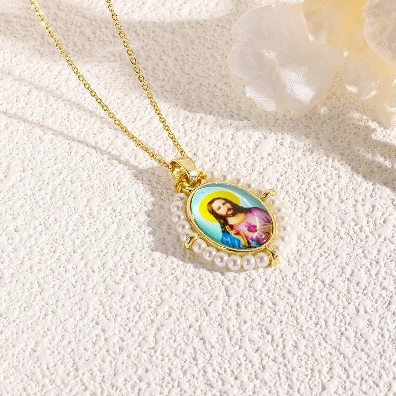 Copper 18K Gold Plated Inlay Human Virgin Mary Acrylic Imitation Pearl Pendant Necklace