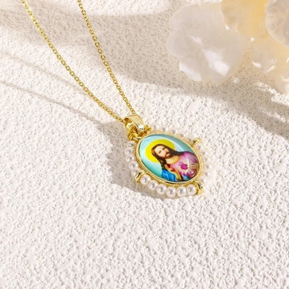 Copper 18K Gold Plated Inlay Human Virgin Mary Acrylic Imitation Pearl Pendant Necklace