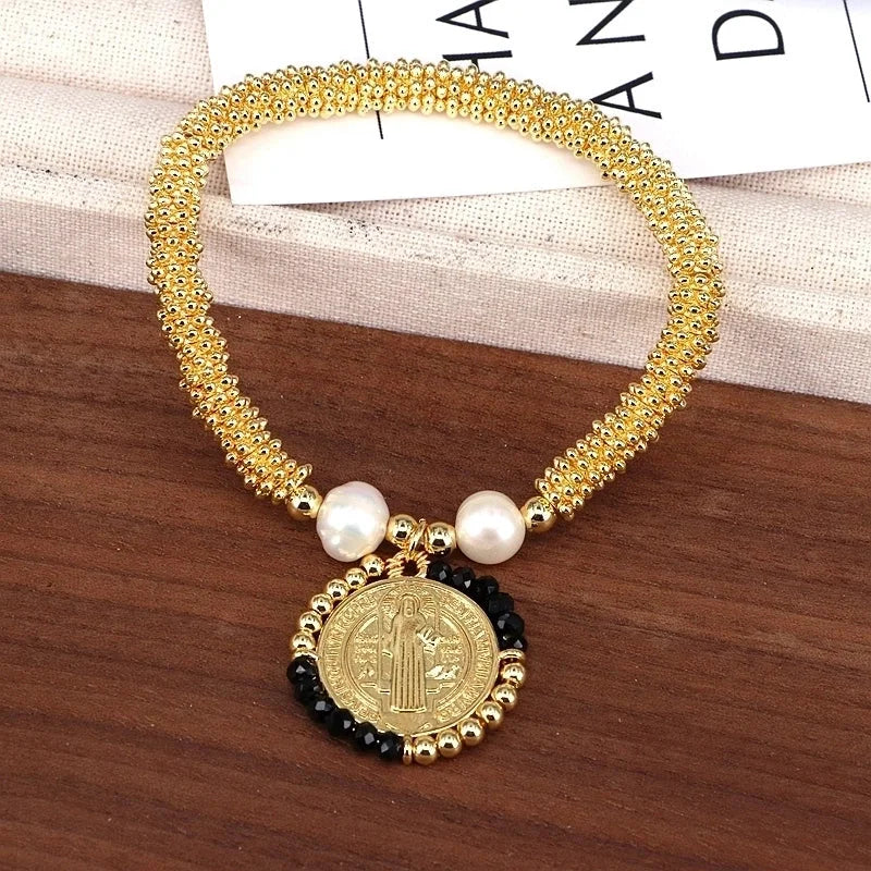 Copper 18K Gold Plated Handmade Pearl Human Round Virgin Mary Crystal Bracelets