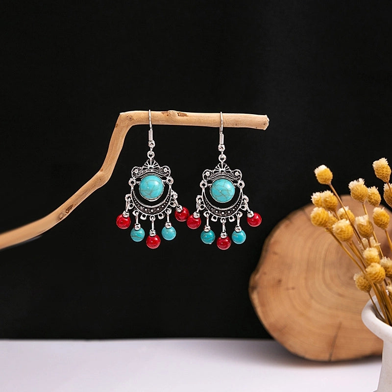 Bohemian Blue Turquoise National Style Earrings Imitation Miao Silver Metal Earrings Vintage Tassel Earrings