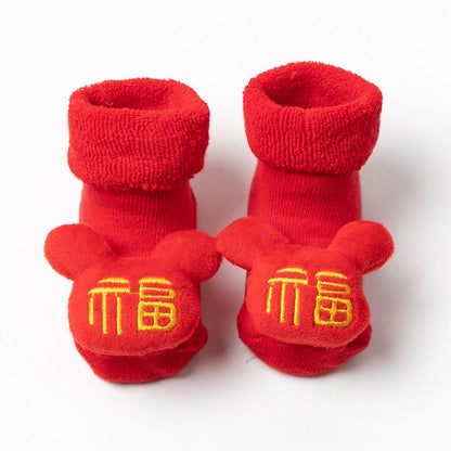 New Newborn Baby Socks Autumn And Winter A Cotton Red Terry Fleece-lined Thickened Non-slip Baby Christmas Floor Socks 1