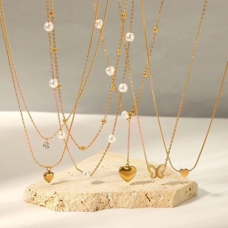 304 Stainless Steel 18K Gold Plated Casual Elegant Lady Plating Geometric Star Heart Shape Artificial Pearls Shell Layered Necklaces Pendant Necklace
