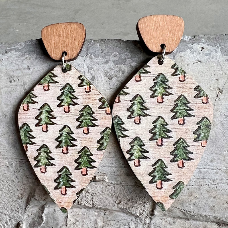 2 Pairs Bohemian Retro Wooden Texture Forest Style Natural Geometric Earrings Christmas Reindeer Cute Plant Earrings