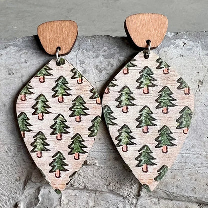 2 Pairs Bohemian Retro Wooden Texture Forest Style Natural Geometric Earrings Christmas Reindeer Cute Plant Earrings