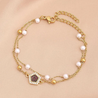 Baroque Style Minimalist Geometric Stainless Steel Artificial Pearl Handmade Inlay Zircon Bracelets