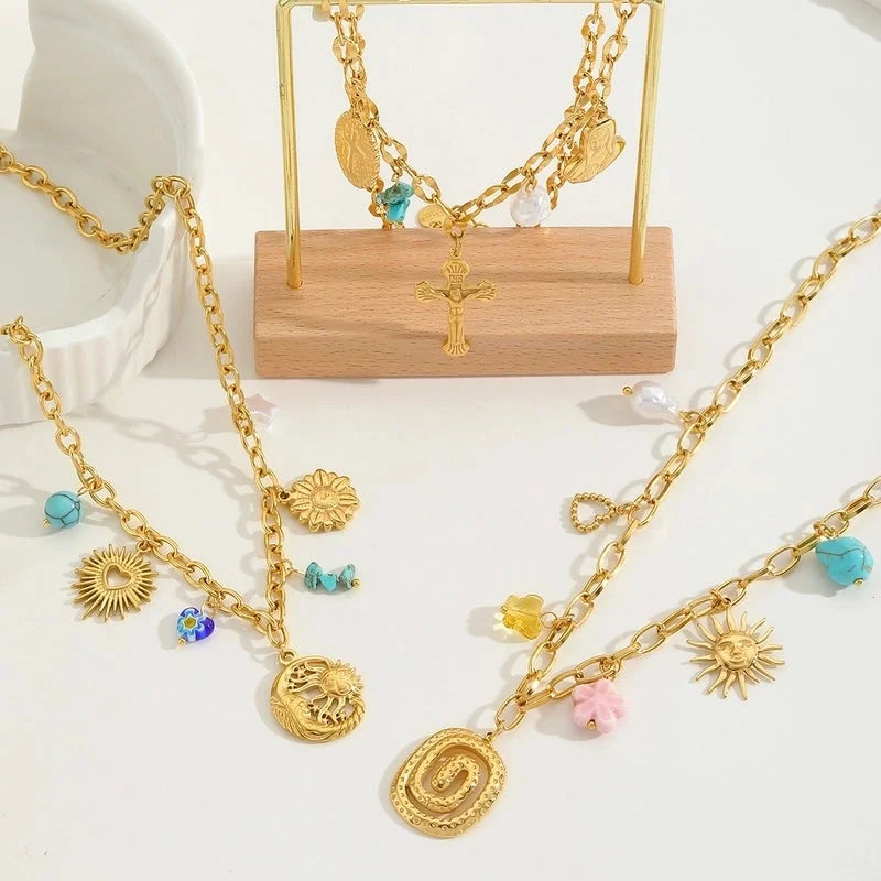 Elegant Exaggerated Vacation Geometric Cross Sun 304 Stainless Steel Imitation Pearl 18K Gold Plated Inlay Multi Charms Necklace