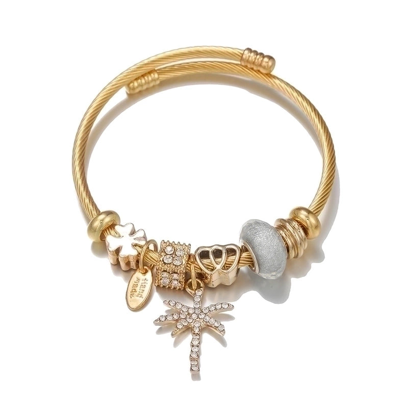 Minimalist Letter Coconut Tree Stainless Steel Alloy Resin Inlay Artificial Gemstones Bangle