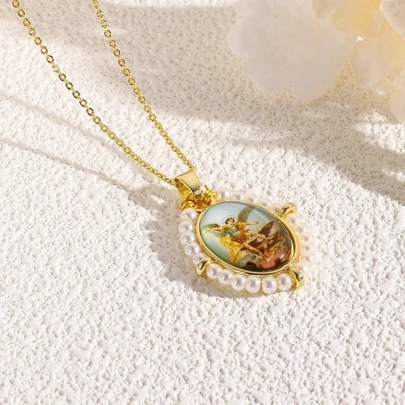 Copper 18K Gold Plated Inlay Human Virgin Mary Acrylic Imitation Pearl Pendant Necklace