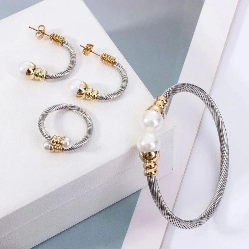 Casual Minimalist Spiral Stripe Stainless Steel Copper Braid Inlay Pearl Rings Bracelets Earrings