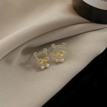 1 Pair Fashion Leaf Flower Bow Knot Imitation Pearl Alloy Rhinestones Earrings