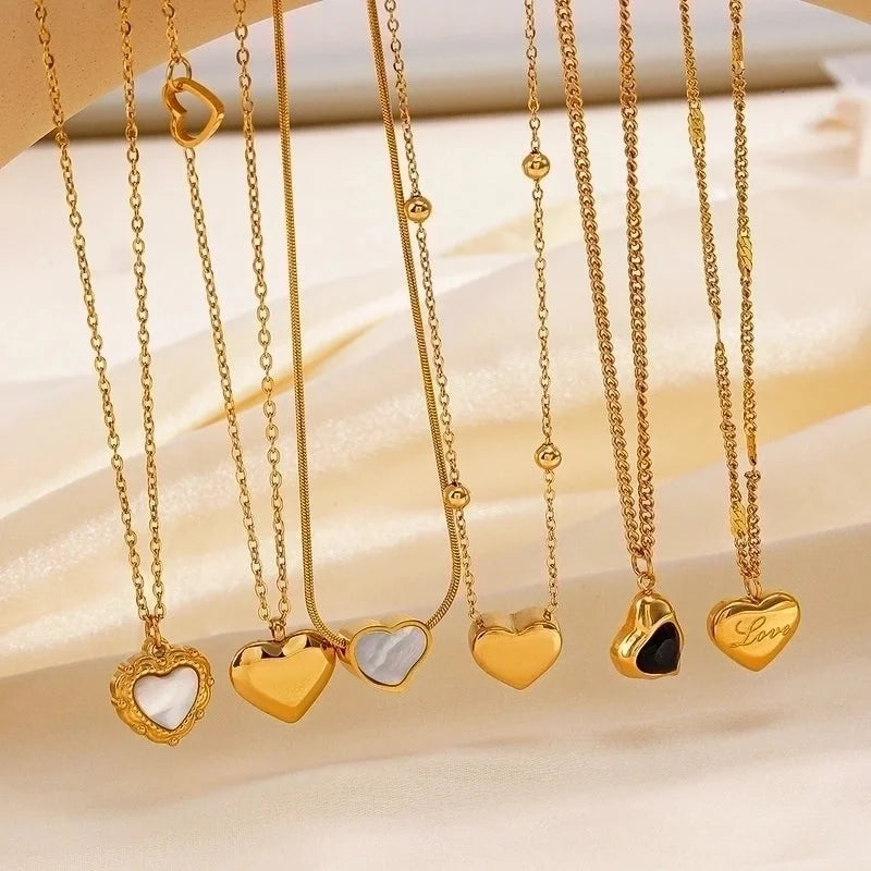 304 Stainless Steel 18K Gold Plated Minimalist Classic Style Plating Inlay Heart Shape Artificial Shell Rhinestones Pendant Necklace
