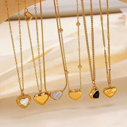 304 Stainless Steel 18K Gold Plated Minimalist Classic Style Plating Inlay Heart Shape Artificial Shell Rhinestones Pendant Necklace