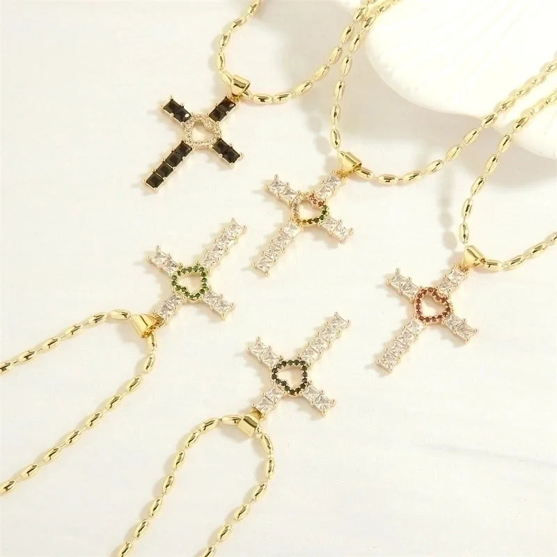 Minimalist Cross Heart Shape Copper 18k Gold Plated Zircon Pendant Necklace In Bulk