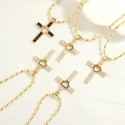 Minimalist Cross Heart Shape Copper 18k Gold Plated Zircon Pendant Necklace In Bulk