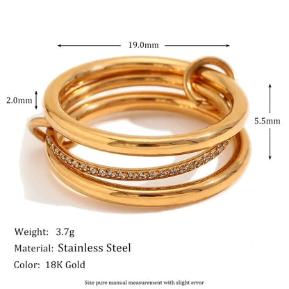 IG Style Circle 304 Stainless Steel Rhinestones 18K Gold Plated Layered Plating Inlay Rings