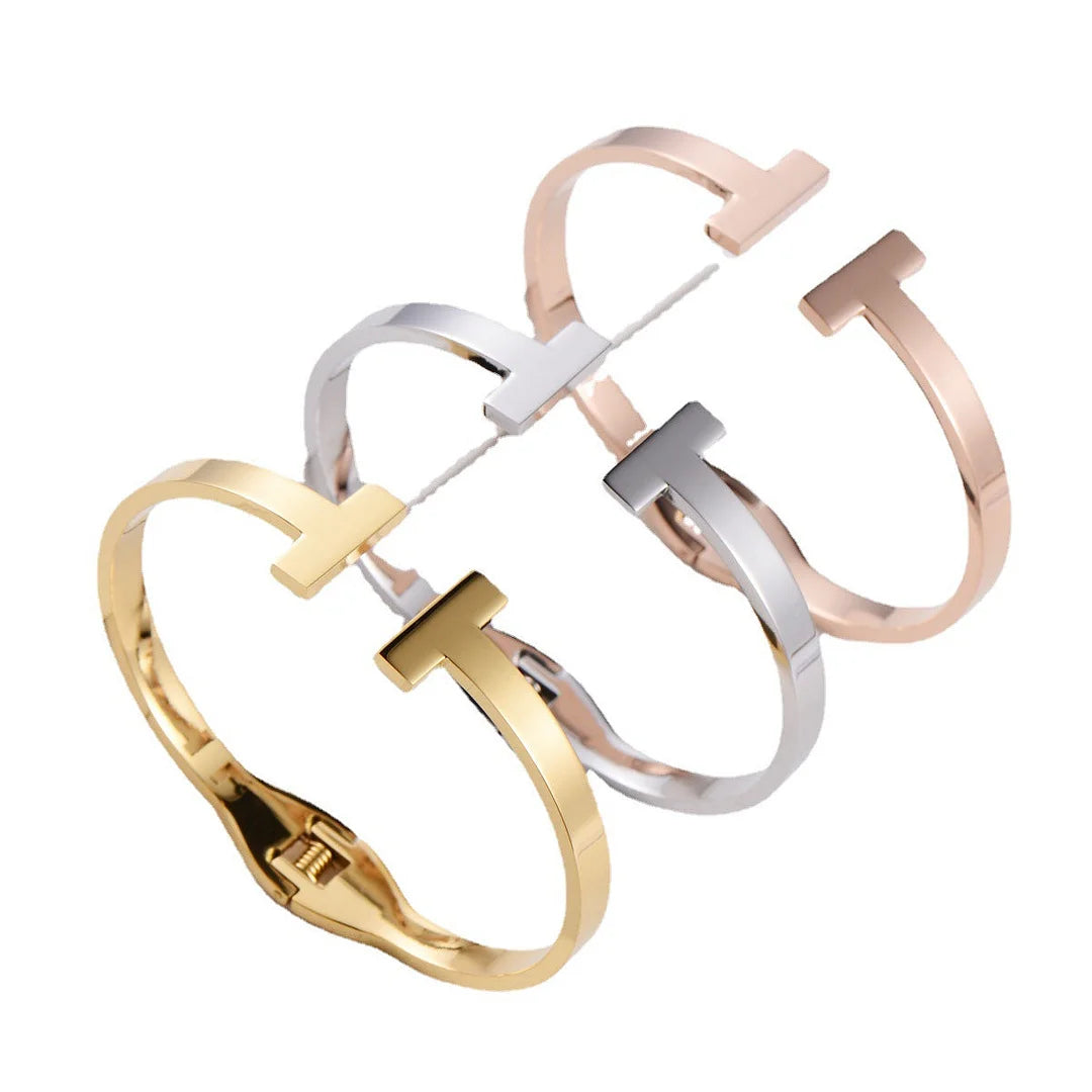 Retro Vintage Women Metal Letter Geometric Stainless Steel Bangles