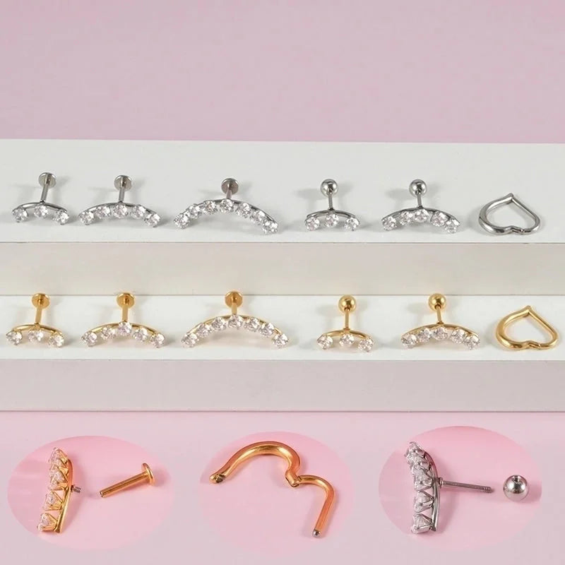 2 Pieces Ear Cartilage Rings & Studs Casual Vacation Minimalist Geometric Heart Shape 304 Stainless Steel Inlay Zircon 18K Gold Plated Lip Rings Ear Cartilage Rings & Studs