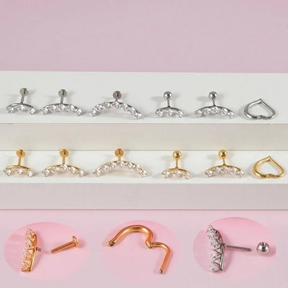 2 Pieces Ear Cartilage Rings & Studs Casual Vacation Minimalist Geometric Heart Shape 304 Stainless Steel Inlay Zircon 18K Gold Plated Lip Rings Ear Cartilage Rings & Studs