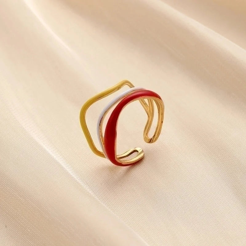 Minimalist Love Heart Shape Eye 304 Stainless Steel Rhinestones 18K Gold Plated Enamel Plating Inlay Open Rings