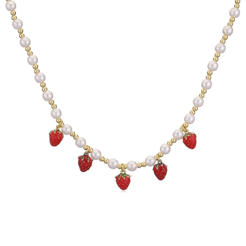 Sweet Cherry Strawberry Copper Enamel Multi Charms Necklace