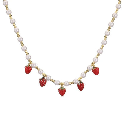 Sweet Cherry Strawberry Copper Enamel Multi Charms Necklace