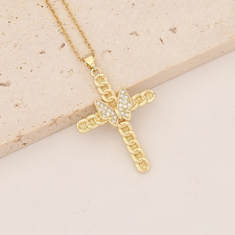 Commute Cross Copper Inlay 18K Gold Plated Zircon Pendant Necklace